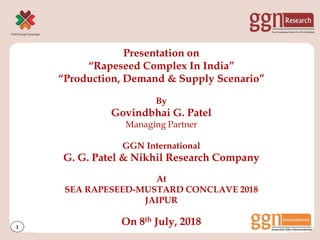 Presentation on
“Rapeseed Complex In India”
“Production, Demand & Supply Scenario”
By
Govindbhai G. Patel
Managing Partner
GGN International
G. G. Patel & Nikhil Research Company
At
SEA RAPESEED-MUSTARD CONCLAVE 2018
JAIPUR
On 8th July, 20181
 