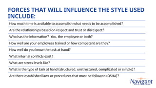 FORCES THAT WILL INFLUENCE THE STYLE USED
INCLUDE:
How much time is available to accomplish what needs to be accomplished?
Are the relationships based on respect and trust or disrespect?
Who has the information? You, the employee or both?
How well are your employees trained or how competent are they?
How well do you know the task at hand?
What internal conflicts exist?
What are stress levels like?
What is the type of task at hand (structured, unstructured, complicated or simple)?
Are there established laws or procedures that must be followed (OSHA)?
 