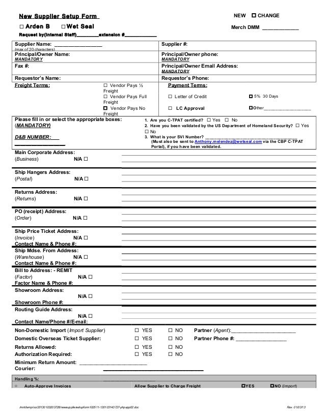 new supplier set up form 102511 new vendor setup form template
