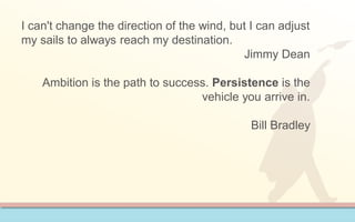 I can't change the direction of the wind, but I can adjust
my sails to always reach my destination.
Jimmy Dean
Ambition is the path to success. Persistence is the
vehicle you arrive in.
Bill Bradley
 