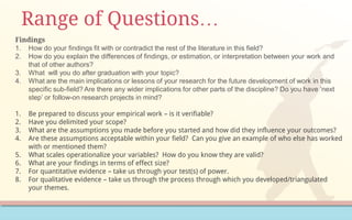 Range of Questions…
Findings
1. How do your findings fit with or contradict the rest of the literature in this field?
2. How do you explain the differences of findings, or estimation, or interpretation between your work and
that of other authors?
3. What will you do after graduation with your topic?
4. What are the main implications or lessons of your research for the future development of work in this
specific sub-field? Are there any wider implications for other parts of the discipline? Do you have ‘next
step’ or follow-on research projects in mind?
1. Be prepared to discuss your empirical work – is it verifiable?
2. Have you delimited your scope?
3. What are the assumptions you made before you started and how did they influence your outcomes?
4. Are these assumptions acceptable within your field? Can you give an example of who else has worked
with or mentioned them?
5. What scales operationalize your variables? How do you know they are valid?
6. What are your findings in terms of effect size?
7. For quantitative evidence – take us through your test(s) of power.
8. For qualitative evidence – take us through the process through which you developed/triangulated
your themes.
 