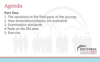 Agenda
Part One
1. The variations in the final parts of the journey
2. How dissertations/theses are evaluated
3. Examination standards
4.Tools on the DN sites
5. Exercise
 