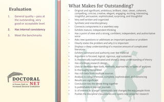 Evaluation
What Makes for Outstanding?
• Original and significant, ambitious, brilliant, clear, clever, coherent,
compelling, concise, creative, elegant, engaging, exciting, interesting,
insightful, persuasive, sophisticated, surprising, and thoughtful
• Very well written and organized
• Synthetic and interdisciplinary
• Connects components in a seamless way
• Exhibits mature, independent thinking
• Has a point of view and a strong, confident, independent, and authoritative
voice
• Asks new questions or addresses an important question or problem
• Clearly states the problem and why it is important
• Displays a deep understanding of a massive amount of complicated
literature
• Exhibits command and authority over the material
• Argument is focused, logical, rigorous, and sustained
• Is theoretically sophisticated and shows a deep understanding of theory
• Has a brilliant research design
• Uses or develops new tools, methods, approaches, or types of analyses
• Is thoroughly researched
• Has rich data from multiple sources
• Analysis is comprehensive, complete, sophisticated, and convincing
• Results are significant
• Conclusion ties the whole thing together
• Is publishable in top-tier journals
• Is of interest to a larger community and changes the way people think
• Pushes the discipline's boundaries and opens new areas for research
1. General quality – pass at
the outstanding, very
good or acceptable level.
2. Has internal consistency
3. Meet the benchmarks
 