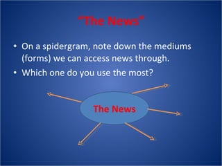 “ The News” <ul><li>On a spidergram, note down the mediums (forms) we can access news through. </li></ul><ul><li>Which one...