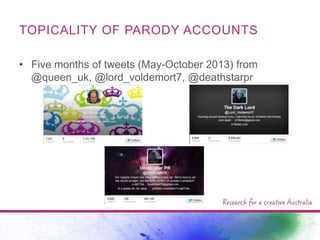 TOPICALITY OF PARODY ACCOUNTS
• Five months of tweets (May-October 2013) from
@queen_uk, @lord_voldemort7, @deathstarpr

 