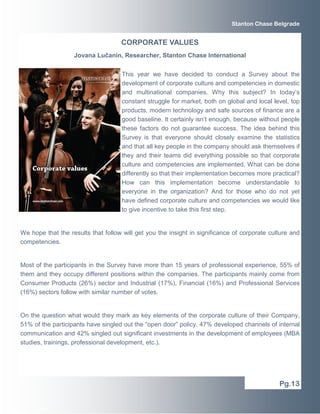 This year we have decided to conduct a Survey about the
development of corporate culture and competencies in domestic
and multinational companies. Why this subject? In today’s
constant struggle for market, both on global and local level, top
products, modern technology and safe sources of finance are a
good baseline. It certainly isn’t enough, because without people
these factors do not guarantee success. The idea behind this
Survey is that everyone should closely examine the statistics
and that all key people in the company should ask themselves if
they and their teams did everything possible so that corporate
culture and competencies are implemented. What can be done
differently so that their implementation becomes more practical?
How can this implementation become understandable to
everyone in the organization? And for those who do not yet
have defined corporate culture and competencies we would like
to give incentive to take this first step.
We hope that the results that follow will get you the insight in significance of corporate culture and
competencies.
Most of the participants in the Survey have more than 15 years of professional experience, 55% of
them and they occupy different positions within the companies. The participants mainly come from
Consumer Products (26%) sector and Industrial (17%), Financial (16%) and Professional Services
(16%) sectors follow with similar number of votes.
On the question what would they mark as key elements of the corporate culture of their Company,
51% of the participants have singled out the “open door” policy, 47% developed channels of internal
communication and 42% singled out significant investments in the development of employees (MBA
studies, trainings, professional development, etc.).
Pg.13
Stanton Chase Belgrade
CORPORATE VALUES
Jovana Lučanin, Researcher, Stanton Chase International
 