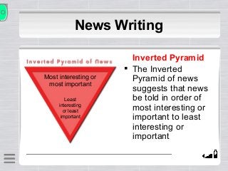 News Writing 
Inverted Pyramid 
 The Inverted 
Pyramid of news 
suggests that news 
be told in order of 
most interesting or 
important to least 
interesting or 
important 
Most interesting or 
most important 
Least 
interesting 
or least 
important 
 