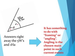 Answers right
away the 5W’s
and 1Ha
It has something
to do with
“framing” or
“angling”.
Angling is the
chosen main
point in such
current events
 