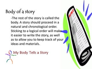 Body of a story
  -The rest of the story is called the
  body. A story should proceed in a
  natural and chronological order.
  Sticking to a logical order will make
  it easier to write the story, as well
  as to allow you to keep track of your
  ideas and materials.
 