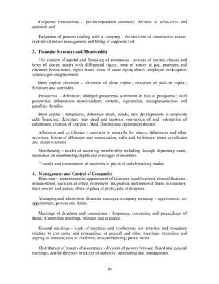 16
Corporate transactions – pre-incorporation contracts; doctrine of ultra-vires and
common seal.
Protection of persons dealing with a company - the doctrine of constructive notice;
doctrine of indoor management and lifting of corporate veil.
3. Financial Structure and Membership
The concept of capital and financing of companies - sources of capital; classes and
types of shares; equity with differential rights; issue of shares at par, premium and
discount; bonus issues, rights issues, issue of sweat equity shares; employee stock option
scheme; private placement.
Share capital alteration - alteration of share capital; reduction of paid-up capital;
forfeiture and surrender.
Prospectus – definition; abridged prospectus; statement in lieu of prospectus; shelf
prospectus; information memorandum; contents, registration, misrepresentations and
penalties therefor.
Debt capital - debentures, debenture stock, bonds; new developments in corporate
debt financing; debenture trust deed and trustees; conversion of and redemption of
debentures; creation of charges - fixed, floating and registration thereof.
Allotment and certificates - contracts to subscribe for shares, debentures and other
securities; letters of allotment and renunciation; calls and forfeitures; share certificates
and shares warrants.
Membership - modes of acquiring membership including through depository mode;
restriction on membership; rights and privileges of members.
Transfer and transmission of securities in physical and depository modes.
4. Management and Control of Companies
Directors – appointment/re-appointment of directors, qualifications, disqualifications,
remuneration, vacation of office, retirement, resignation and removal; loans to directors;
their powers and duties; office or place of profit; role of directors.
Managing and whole-time directors, manager, company secretary – appointment, re-
appointment, powers and duties.
Meetings of directors and committees - frequency, convening and proceedings of
Board /Committee meetings, minutes and evidence.
General meetings - kinds of meetings and resolutions; law, practice and procedure
relating to convening and proceedings at general and other meetings; recording and
signing of minutes; role of chairman; teleconferencing; postal ballot.
Distribution of powers of a company - division of powers between Board and general
meetings; acts by directors in excess of authority; monitoring and management.
 