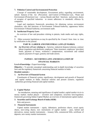 21
7. Pollution Control and Environmental Protection
Concept of sustainable development, Government policy regarding environment,
salient features of the Air (Prevention and Control of Pollution) Law, Water and
Environment (Protection) Law - various Boards and their functions and powers; duties
of occupier of specified industries to ensure adherence to standards; offences by
companies.
Legal and regulatory framework, procedures for obtaining various environment
clearances; role and functions of Environment Tribunal/Authority; appearance before
Environment Tribunal/Authority; environment audit.
8. Intellectual Property Laws
An overview of law and procedure relating to patents, trade marks and copy rights,
etc.
9. Other economic legislations as may be specified by the Council from time to time
by notification in the journal.
PART B : LABOUR AND INDUSTRIAL LAWS (25 MARKS)
10. An Overview of Law relating to - factories; industrial disputes/relations; contract
labour (regulation and abolition); employees’State insurance; employees’provident
funds; payment of bonus; workmen’s compensation; recruitment and related
aspects; payment of wages; gratuity and trade unions.
PAPER 8 – SECURITIES LAWS AND REGULATION OF
FINANCIAL MARKETS
Level of knowledge : Expert knowledge.
Objective : To provide conceptual understanding and in-depth knowledge of securities
laws and the regulatory framework concerning financial markets in India.
Detailed contents :
1. An Overview of Financial System
Constituents of financial system; significance, development and growth of financial
and capital markets in India; financial reforms and present scenario, regulatory
authorities governing financial and capital markets.
2. Capital Market
An introduction, meaning and significance of capital market; capital market vis-à-vis
money market; market players – investors and companies; securities laws/regulatory
framework governing Indian Capital Market; an overview of international capital market.
3. Securities and Exchange Board of India (SEBI)
Role and powers.
4. Financial Instruments
Capital market instruments – equity, debentures, preference shares, sweat equity
shares, non-voting shares; new instruments of capital market – pure, hybrid and
derivatives; money market instruments – treasury bills, commercial bills; certificate of
deposits; new money market instruments.
 