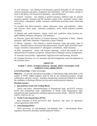 34
12. Life insurance - law relating to Life Insurance; general principles of life insurance
contract; proposals and policy; assignment and nomination; title and claims; concept of
trusts in life policy; Life Insurance Corporation - role and functions.
13. General insurance – law relating to general insurance; different types of general
insurance; general insurance and life insurance; nature of fire insurance; various types
of fire policy; subrogation; double insurance; contribution; proximate cause; claims and
recovery.
14. Accident and motor insurance - nature, disclosure, terms and conditions; claims
and recovery; third party insurance; compulsory motor vehicle insurance; accident
insurance.
15. Deposit and credit insurance - nature, terms and conditions, claim, recovery, etc;
public liability insurance; emergency risk insurance.
16. Structure, power and function of General Insurance Corporation of India; Deposit
Insurance and Credit Guarantee Corporation; Claims Tribunal.
17. Marine insurance – law relating to marine insurance; scope and nature; types of
policy; insurable interest; disclosure and representation; insured perils; proximity cause;
voyage; warranties; measurement of subrogation; contribution; under insurance.
18. Risk management - nature, risk analysis, planning, control and transfer of risk;
administration of company’s properties and provision of adequate security arrangements.
19. Insurance surveyorship – appointment, legal provisions and licensing, functions.
20. Company Secretary vis-a-vis insurance and risk management; recent developments in
the insurance sector.
GROUP III
PAPER 7 : WTO - INTERNATIONAL TRADE, JOINT VENTURES AND
FOREIGN COLLABORATIONS
Level of knowledge : Expert knowledge.
Objective : To provide specialised knowledge in international trade, particularly in the
context of WTO. Added emphasis shall be laid on the intellectual property, foreign
collaboration and joint ventures including international commercial arbitration to enable
the candidates to discharge efficient services and to tackle practical situations.
Detailed contents :
1. International Trade and Trading Blocks
Theory and policy, institutionalisation of international trade, pre-GATT scenario,
GATT and international trade, establishment of World Trade Organisation; other
international trade organisations including regional economic blocks - ASEAN, SAARC/
SAPTA, NAFTA, EC, etc.
2. World Trade Organisation (WTO)
Basic Principles of WTO and GATT; their functions and areas of operations,
various agreements under WTO.
3. Anti-dumping Duties
WTO provisions on anti-dumping; anti-dumping laws – anti-dumping duties,
regulatory framework, procedure and developments therein.
 