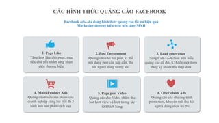 CÁC HÌNH THỨC QUẢNG CÁO FACEBOOK
98%
1. Page Like
Tăng lượt like cho page, mục
tiêu chủ yếu nhằm tăng nhận
diện thương hiệu.
4. Multi-Product Ads
Quảng cáo nhiều sản phẩm của
doanh nghiệp cùng lúc (tối đa 5
hình ảnh sản phẩm/dịch vụ)
2. Post Engagement
Quảng cáo cho bài post, vì thế
nội dung post cần hấp dẫn, thu
hút người dùng tương tác.
3. Lead generation
Dùng Call-To-Action trên mẫu
quảng cáo để đưa KH đến một form
đăng ký nhằm thu thập data
5. Page post Video
Quảng cáo cho Video nhằm thu
hút lượt view và lượt tương tác
từ khách hàng
6. Offer claim Ads
Quảng cáo các chương trình
promotion, khuyến mãi thu hút
người dùng nhận ưu đãi
Facebook ads - đa dạng hình thức quảng cáo tối ưu hiệu quả
Marketing thương hiệu trên nền tảng MXH
 