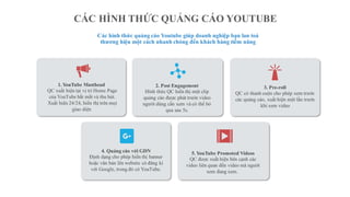 CÁC HÌNH THỨC QUẢNG CÁO YOUTUBE
98%
4. Quảng cáo với GDN
Định dạng cho phép hiển thị banner
hoặc văn bản lên website có đăng kí
với Google, trong đó có YouTube.
3. Pre-roll
QC có thanh cuộn cho phép xem trước
các quảng cáo, xuất hiện một lần trước
khi xem video
5. YouTube Promoted Videos
QC được xuất hiện bên cạnh các
video liên quan đến video mà người
xem đang xem.
Các hình thức quảng cáo Youtube giúp doanh nghiệp bạn lan toả
thương hiệu một cách nhanh chóng đến khách hàng tiềm năng
1. YouTube Masthead
QC xuất hiện tại vị trí Home Page
của YouTube bắt mắt và thu hút.
Xuất hiện 24/24, hiển thị trên mọi
giao diện
2. Post Engagement
Hình thức QC hiển thị một clip
quảng cáo được phát trước video
người dùng cần xem và có thể bỏ
qua sau 5s.
 