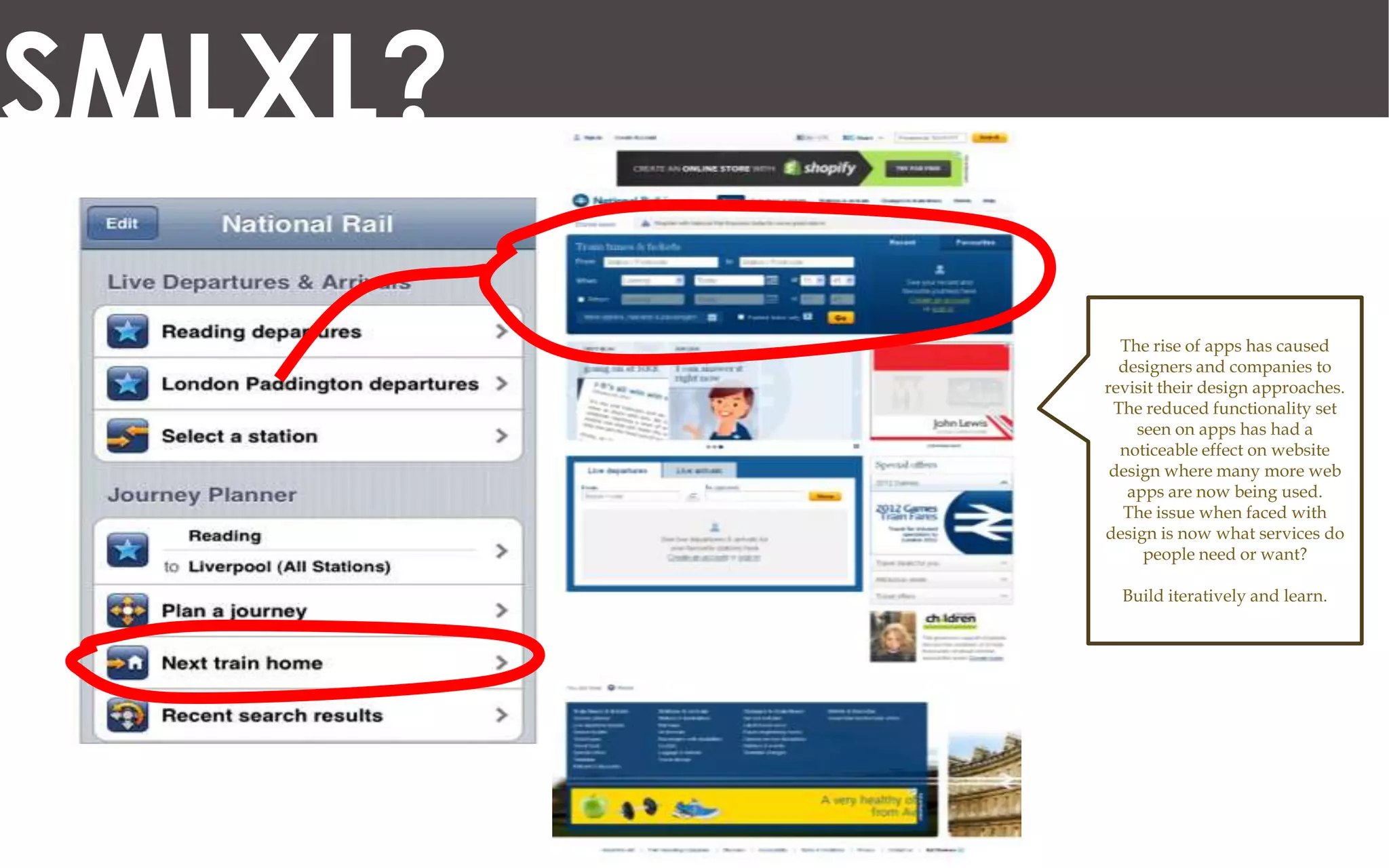SMLXL?
           The rise of apps has caused
           designers and companies to
         revisit their design approaches.
          The reduced functionality set
             seen on apps has had a
           noticeable effect on website
          design where many more web
            apps are now being used.
           The issue when faced with
         design is now what services do
              people need or want?

           Build iteratively and learn.
 