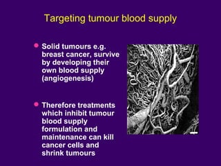 Targeting tumour blood supply
Solid tumours e.g.
breast cancer, survive
by developing their
own blood supply
(angiogenesis)
Therefore treatments
which inhibit tumour
blood supply
formulation and
maintenance can kill
cancer cells and
shrink tumours
 