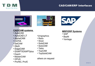 CAD/CAM/ERP Interfaces CAD/CAM systems  AutoCAD AutoCAD LT AlphaCAM CATIA DelCAM DloG EdgeCAM EXAPT/EXAPTplus Espirit   MasterCAM OPUS Pro/NC, Pro/E Unigraphics   Radu Sican SolidCAM SoloCAM Tebis TopCAM TopSolidCAM others on request MRP/ERP Systems SAP BaaN Vantage 