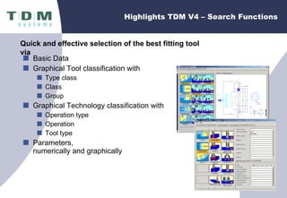 Highlights TDM V4 – Search Functions Basic Data Graphical Tool classification with Type class Class Group Graphical Technology classification with Operation type Operation Tool type Parameters,  numerically and graphically  Quick and effective selection of the best fitting tool via 