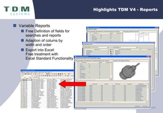 Highlights TDM V4 - Reports Variable Reports Free Definition of fields for  searches and reports Adaption of colums by  width and order Export into Excel Free treatment with  Excel Standard Functionality 