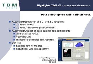 Highlights TDM V4 –  Automated Generators Automated Generation of 2-D- and 3-D-Graphics 2-D for Pre-setting  3-D for NC Programming and Simulation Automated Creation of basic data for Tool components TDM-Class and -Group Geometric Data Interfaces for automated Tool Assembly Benefits  Safeness from the first step Reduction of Data input up to 90 % Safety in Programming and simulation with  3D-Solids Data and Graphics with a simple click 
