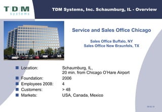 TDM Systems, Inc. Schaumburg, IL - Overview Location: Schaumburg, IL, 20 min. from Chicago O’Hare Airport Foundation: 2006 Employees 2008:  4 Customers: > 48 Markets: USA, Canada, Mexico Service and Sales Office Chicago Sales Office Buffalo, NY Sales Office New Braunfels, TX 