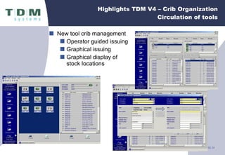 New tool crib management Operator guided issuing Graphical issuing Graphical display of stock locations Highlights TDM V4 – Crib Organization Circulation of tools 