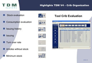 Tool Crib Evaluation  Highlights TDM V4 – Crib Organization Stock evaluation Consumption evaluation Issuing history Issuing  Turn over rate Articles without stock Minimum stock 