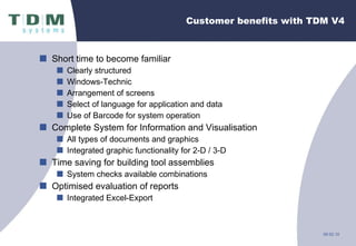Customer benefits with TDM V4 Short time to become familiar Clearly structured Windows-Technic Arrangement of screens Select of language for application and data Use of Barcode for system operation Complete System for Information and Visualisation All types of documents and graphics Integrated graphic functionality for 2-D / 3-D Time saving for building tool assemblies System checks available combinations Optimised evaluation of reports Integrated Excel-Export 