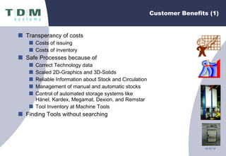 Customer Benefits (1) Transperancy of costs Costs of issuing Costs of inventory Safe Processes because of Correct Technology data Scaled 2D-Graphics and 3D-Solids Reliable Information about Stock and Circulation Management of manual and automatic stocks Control of automated storage systems like Hänel, Kardex, Megamat, Dexion, and Remstar Tool Inventory at Machine Tools Finding Tools without searching 