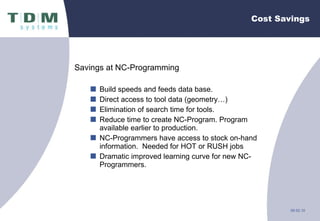 Cost Savings Savings at NC-Programming Build speeds and feeds data base. Direct access to tool data (geometry…) Elimination of search time for tools. Reduce time to create NC-Program. Program available earlier to production. NC-Programmers have access to stock on-hand information.  Needed for HOT or RUSH jobs Dramatic improved learning curve for new NC-Programmers. 