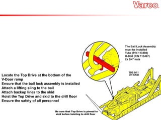 Locate the Top Drive at the bottom of the
V-Door ramp
Ensure that the bail lock assembly is installed
Attach a lifting sling to the bail
Attach backup lines to the skid
Hoist the Top Drive and skid to the drill floor
Ensure the safety of all personnel
The Bail Lock Assembly
must be installed
Tube (P/N 113498)
U-Bolt (P/N 113497)
2x 3/4" nuts
Be sure that Top Drive is pinned to
skid before hoisting to drill floor
 