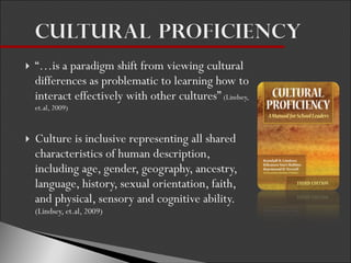“… is a paradigm shift from viewing cultural differences as problematic to learning how to interact effectively with other cultures”  (Lindsey, et.al, 2009) Culture is inclusive representing all shared characteristics of human description, including age, gender, geography, ancestry, language, history, sexual orientation, faith, and physical, sensory and cognitive ability.  (Lindsey, et.al, 2009) 