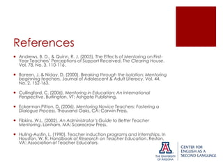 References
 Andrews, B. D., & Quinn, R. J. (2005). The Effects of Mentoring on FirstYear Teachers’ Perceptions of Support Received. The Clearing House.
Vol. 78, No. 3. 110-116.
 Boreen, J. & Niday, D. (2000). Breaking through the isolation: Mentoring
beginning teachers. Journal of Adolescent & Adult Literacy. Vol. 44,
No. 2. 152-163.
 Cullingford, C. (2006). Mentoring in Education: An International
Perspective. Burlington, VT: Ashgate Publishing.
 Eckerman Pitton, D. (2006). Mentoring Novice Teachers: Fostering a
Dialogue Process. Thousand Oaks, CA: Corwin Press.
 Fibkins, W.L. (2002). An Administrator’s Guide to Better Teacher
Mentoring. Lanham, MA: Scarecrow Press.
 Huling-Austin, L. (1990). Teacher induction programs and internships. In
Houston, W. R. Handbook of Research on Teacher Education. Reston,
VA: Association of Teacher Educators.

 