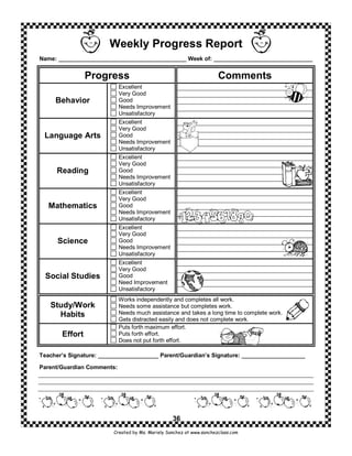 Weekly Progress Report
Name: ________________________________________ Week of: _______________________________


                Progress                                              Comments
                            Excellent
                            Very Good
     Behavior               Good
                            Needs Improvement
                            Unsatisfactory
                            Excellent
                            Very Good
 Language Arts              Good
                            Needs Improvement
                            Unsatisfactory
                            Excellent
                            Very Good
     Reading                Good
                            Needs Improvement
                            Unsatisfactory
                            Excellent
                            Very Good
   Mathematics              Good
                            Needs Improvement
                            Unsatisfactory
                            Excellent
                            Very Good
      Science               Good
                            Needs Improvement
                            Unsatisfactory
                            Excellent
                            Very Good
  Social Studies            Good
                            Need Improvement
                            Unsatisfactory
                            Works independently and completes all work.
   Study/Work               Needs some assistance but completes work.
     Habits                 Needs much assistance and takes a long time to complete work.
                            Gets distracted easily and does not complete work.
                            Puts forth maximum effort.
       Effort               Puts forth effort.
                            Does not put forth effort.

Teacher’s Signature: ___________________ Parent/Guardian’s Signature: ____________________

Parent/Guardian Comments:




                                                  36
                         Created by Ms. Mariely Sanchez at www.sanchezclass.com
 