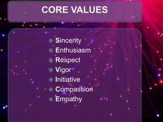 CORE VALUES
 Sincerity
 Enthusiasm
 Respect
 Vigor
 Initiative
 Compassion
 Empathy
 