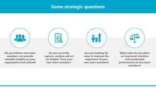 Some strategic questions
Do you believe new team
members can provide
valuable insights on your
organization and culture?
Do you currently
capture, analyse and act
on insights from your
new team members?
Are you looking for
ways to improve the
experience of your
new team members?
What value do you place
on improved retention
and accelerated
performance of new team
members?
 