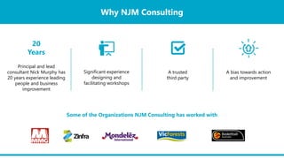Why NJM Consulting
Some of the Organizations NJM Consulting has worked with
Principal and lead
consultant Nick Murphy has
20 years experience leading
people and business
improvement
Significant experience
designing and
facilitating workshops
A trusted
third party
A bias towards action
and improvement
20
Years
 