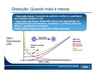 Distorção: Quando mais é menos
• Operação Linear: Increased power improves the link
performance
• Operação não-linear: Distortion degrades the demodulator
f d t i t th d d ti b
• Operação Linear: Aumento da potência melhora a qualidade
da recepção (melhor C/N)
• Operação não-linear: Distorção causa uma degradação no
d h d d d l d A t tê i d téperformance and at some point the degradation may be
stronger than the increased power
CONCLUSÃO: Existe um ponto de melhor operação
desempenho do demodulador. Aumentar a potência pode até
piorar a qualidade da recepção
CONCLUSÃO: Existe um ponto de melhor operação
OBO /
Degradação
OBO CW
OBO MOD
Equalink
Optimal working
point
Degradação
(dB)
OBO MOD
QEF Es/No
degradation
Total
degradation
7
IBO (dB)
 