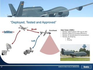 “Deployed, Tested and Approved”

                   BLoS                   Use Case (ISR):
                               EuroHawk
                                          •   Newtec Optimization SW hub & UAV
                                          •   Resolve Delay & Increase Efficiency
                                          •   Newtec IP Acceleration & Compression
                                          •   Newtec IP Shaping
                                                  • QoS
                                                  • Priority
                   LoS




17
 