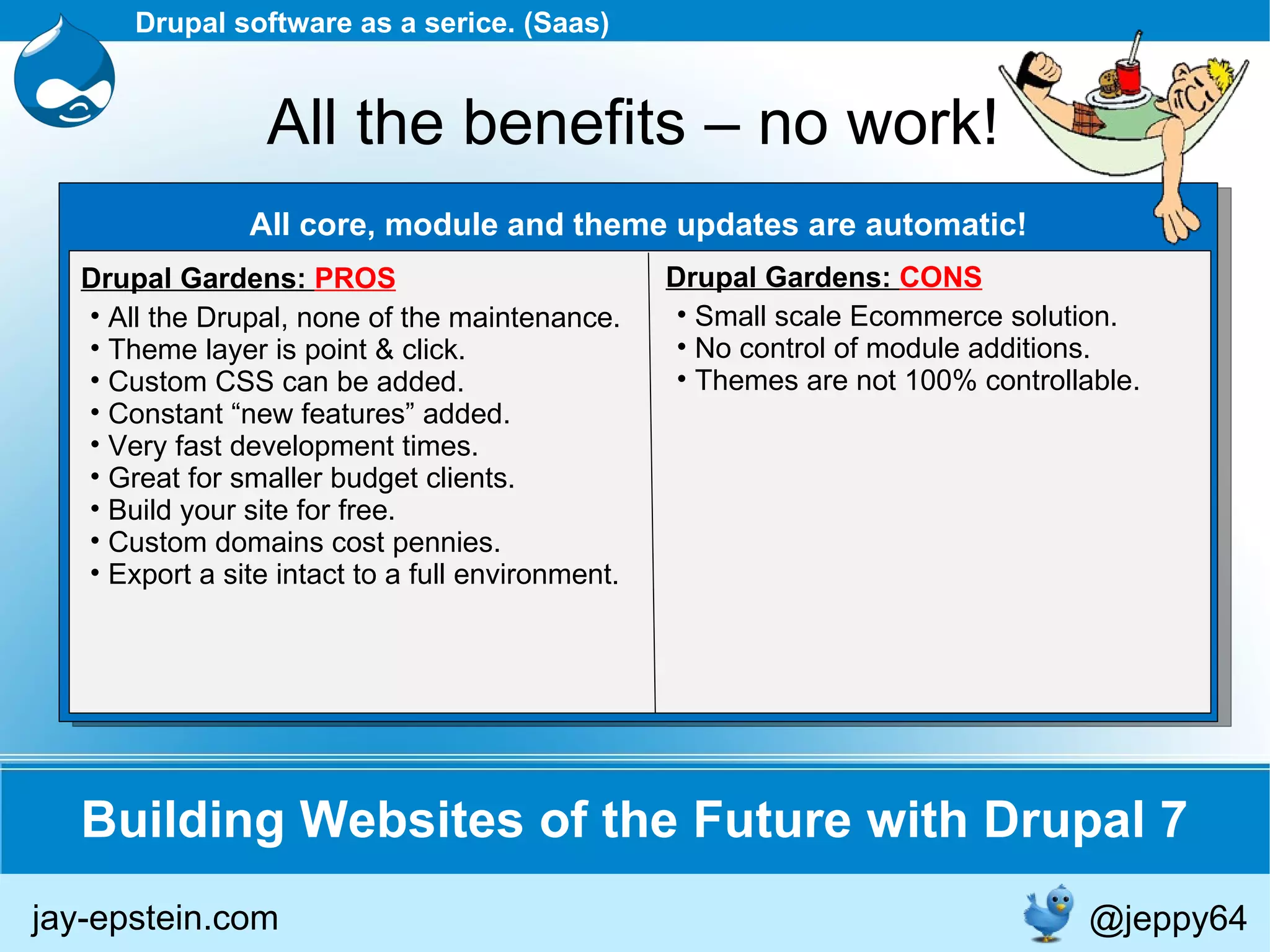 Building Websites of the Future with Drupal 7 jay-epstein.com Drupal software as a serice. (Saas) All the benefits – no work! All core, module and theme updates are automatic! All the Drupal, none of the maintenance. Theme layer is point & click. Custom CSS can be added. Constant “new features” added. Very fast development times. Great for smaller budget clients. Build your site for free. Custom domains cost pennies. Export a site intact to a full environment. Drupal Gardens:  PROS @jeppy64 Drupal Gardens:  CONS Small scale Ecommerce solution. No control of module additions. Themes are not 100% controllable. 