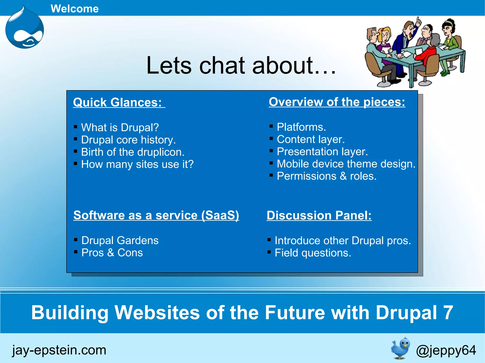 Building Websites of the Future with Drupal 7 Welcome Lets chat about… Quick Glances:  What is Drupal? Drupal core history. Birth of the druplicon. How many sites use it? Overview of the pieces: Platforms.  Content layer. Presentation layer. Mobile device theme design. Permissions & roles. Software as a service (SaaS) Drupal Gardens Pros & Cons jay-epstein.com @jeppy64 Discussion Panel: Introduce other Drupal pros. Field questions. 