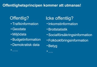 Offentlighetsprincipen kommer att utmanas! Trafikinformation Geodata Miljödata Budgetinformation Demokratisk data … .. Inkomstinformation Brottstatistik Socialförsäkringsinformation Folkbokföringsinformation Betyg … . Offentlig? Icke offentlig? 