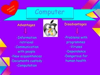 va
    ee
  dr    a
An asty
  N
                     Computer
            Advantages      Disadvantages



       -Information         -Problems with
         retrieval           programmes
      -Communication           -Viruses
        with people          -Dependence
    -New acquaintances      -Dangerous for
    -Documents custody       human health
       -Computation
 