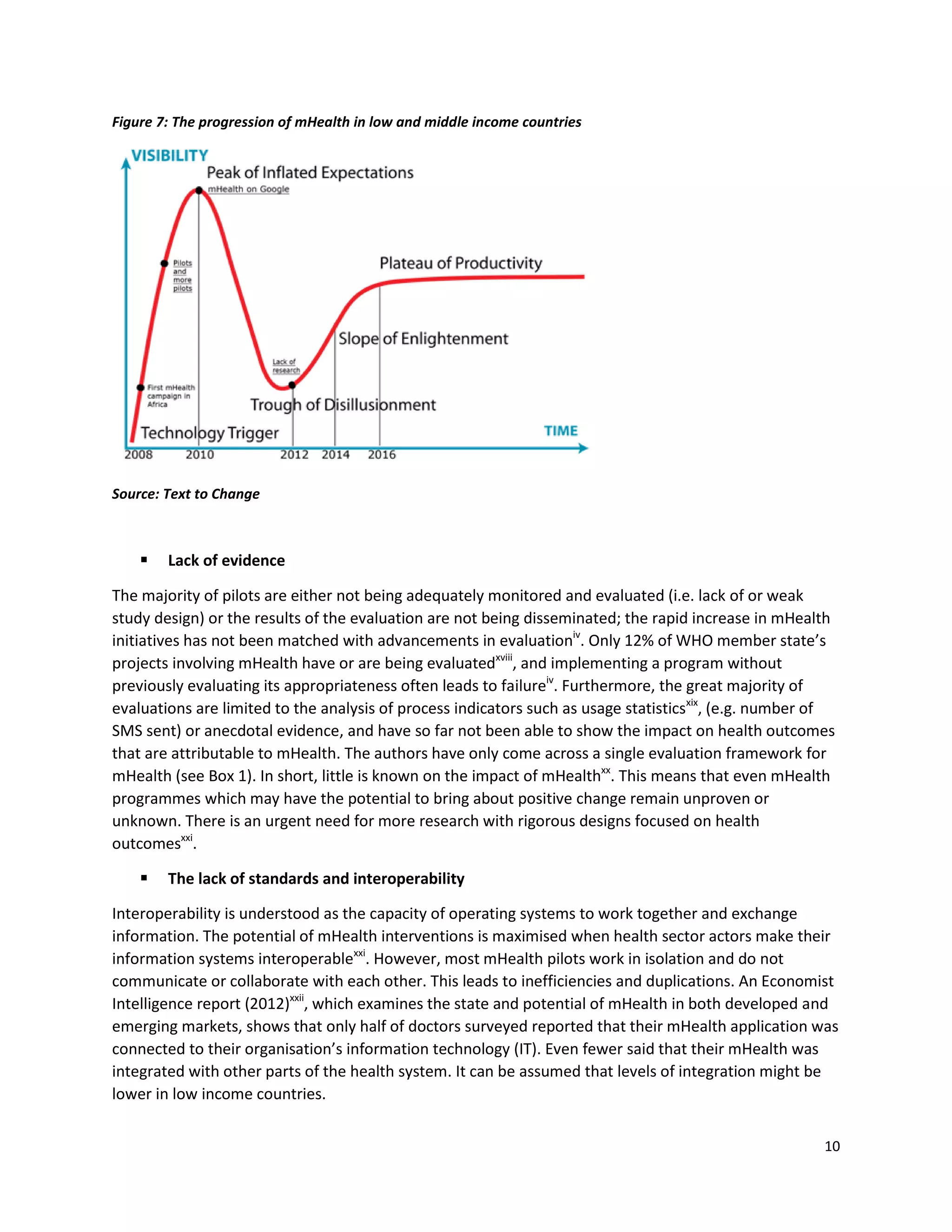 10
Figure 7: The progression of mHealth in low and middle income countries
Source: Text to Change
 Lack of evidence
The majority of pilots are either not being adequately monitored and evaluated (i.e. lack of or weak
study design) or the results of the evaluation are not being disseminated; the rapid increase in mHealth
initiatives has not been matched with advancements in evaluationiv
. Only 12% of WHO member state’s
projects involving mHealth have or are being evaluatedxviii
, and implementing a program without
previously evaluating its appropriateness often leads to failureiv
. Furthermore, the great majority of
evaluations are limited to the analysis of process indicators such as usage statisticsxix
, (e.g. number of
SMS sent) or anecdotal evidence, and have so far not been able to show the impact on health outcomes
that are attributable to mHealth. The authors have only come across a single evaluation framework for
mHealth (see Box 1). In short, little is known on the impact of mHealthxx
. This means that even mHealth
programmes which may have the potential to bring about positive change remain unproven or
unknown. There is an urgent need for more research with rigorous designs focused on health
outcomesxxi
.
 The lack of standards and interoperability
Interoperability is understood as the capacity of operating systems to work together and exchange
information. The potential of mHealth interventions is maximised when health sector actors make their
information systems interoperablexxi
. However, most mHealth pilots work in isolation and do not
communicate or collaborate with each other. This leads to inefficiencies and duplications. An Economist
Intelligence report (2012)xxii
, which examines the state and potential of mHealth in both developed and
emerging markets, shows that only half of doctors surveyed reported that their mHealth application was
connected to their organisation’s information technology (IT). Even fewer said that their mHealth was
integrated with other parts of the health system. It can be assumed that levels of integration might be
lower in low income countries.
 