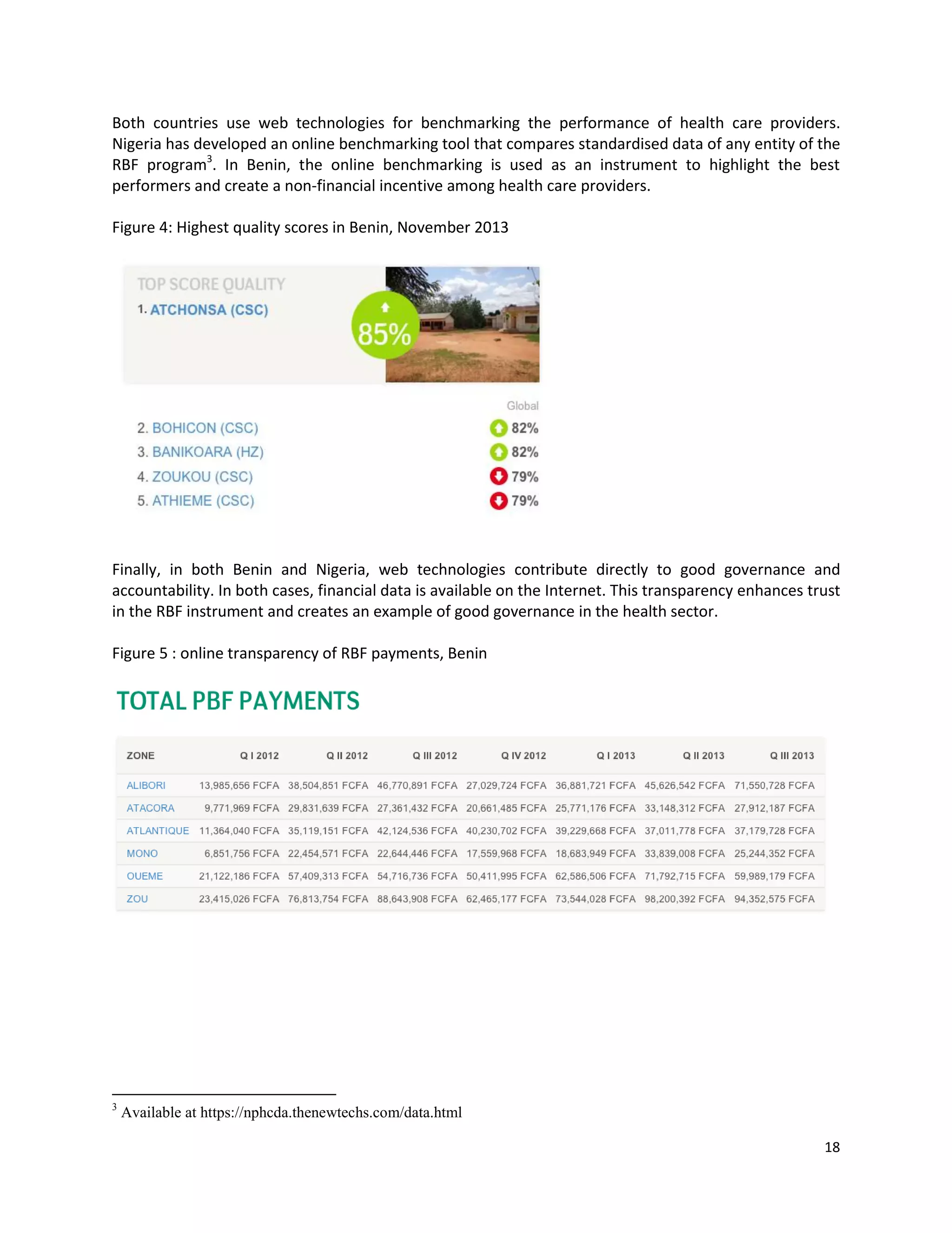 18
Both countries use web technologies for benchmarking the performance of health care providers.
Nigeria has developed an online benchmarking tool that compares standardised data of any entity of the
RBF program3
. In Benin, the online benchmarking is used as an instrument to highlight the best
performers and create a non-financial incentive among health care providers.
Figure 4: Highest quality scores in Benin, November 2013
Finally, in both Benin and Nigeria, web technologies contribute directly to good governance and
accountability. In both cases, financial data is available on the Internet. This transparency enhances trust
in the RBF instrument and creates an example of good governance in the health sector.
Figure 5 : online transparency of RBF payments, Benin
3
Available at https://nphcda.thenewtechs.com/data.html
 