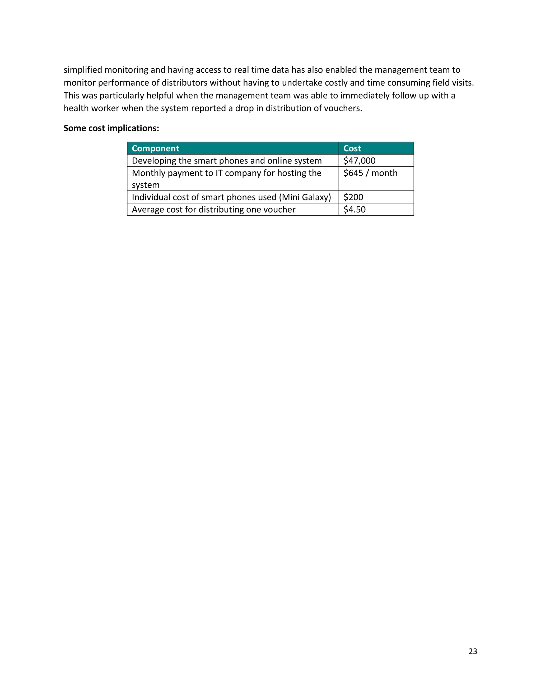 23
simplified monitoring and having access to real time data has also enabled the management team to
monitor performance of distributors without having to undertake costly and time consuming field visits.
This was particularly helpful when the management team was able to immediately follow up with a
health worker when the system reported a drop in distribution of vouchers.
Some cost implications:
Component Cost
Developing the smart phones and online system $47,000
Monthly payment to IT company for hosting the
system
$645 / month
Individual cost of smart phones used (Mini Galaxy) $200
Average cost for distributing one voucher $4.50
 