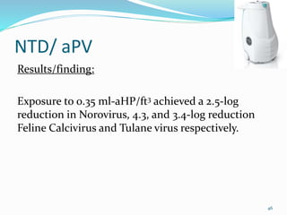 NTD/ aPV
Results/finding:
Exposure to 0.35 ml-aHP/ft3 achieved a 2.5-log
reduction in Norovirus, 4.3, and 3.4-log reduction
Feline Calcivirus and Tulane virus respectively.
46
 