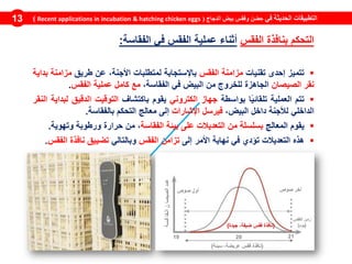 ‫في‬ ‫الحديثة‬ ‫التطبيقات‬‫الدجاج‬ ‫بيض‬ ‫وفقس‬ ‫حضن‬(Recent applications in incubation & hatching chicken eggs)13
‫التحكم‬‫بنافذة‬‫الفقس‬‫أثناء‬‫عملية‬‫الفقس‬‫في‬‫الفقاسة‬:
‫تتميز‬‫إحدى‬‫تقني‬‫ات‬‫مزامنة‬‫الفقس‬‫باإل‬‫ستجابة‬‫لمتطلبات‬‫األ‬‫جنة‬،‫عن‬‫طريق‬‫مزامنة‬‫بداية‬
‫نقر‬‫الصيصان‬‫الجاهزة‬‫للخروج‬‫من‬‫البيض‬‫في‬،‫الفقاسة‬‫مع‬‫كامل‬‫عملية‬‫الفقس‬.
‫تتم‬‫العملية‬‫ًا‬‫ي‬‫تلقائ‬‫بواسطة‬‫جهاز‬‫الكتروني‬‫يقوم‬‫باكتشاف‬‫التوقيت‬‫الدقيق‬‫لبداية‬‫النقر‬
‫الداخلي‬‫لألجنة‬‫داخل‬،‫البيض‬‫فيرسل‬‫اإلشارات‬‫إلى‬‫معالج‬‫التحكم‬‫بالفقاسة‬.
‫يقوم‬‫المعالج‬‫ب‬‫سلسلة‬‫من‬‫التعديالت‬‫على‬‫بيئة‬‫ال‬‫فقاسة‬،‫من‬‫حرارة‬‫ورطوبة‬‫وتهوية‬.
‫هذه‬‫التعديالت‬‫تؤدي‬‫في‬‫نهاية‬‫األمر‬‫إلى‬‫تزامن‬‫الفقس‬‫وبالتالي‬‫تضييق‬‫نافذة‬‫الفقس‬.
‫صوص‬ ‫أول‬ ‫صوص‬ ‫آخر‬
‫الفقس‬ ‫زمن‬
(‫يوم‬)(‫جيدة‬ ،‫ضيقة‬ ‫فقس‬ ‫نافذة‬)
‫قـسة‬‫الـفا‬‫ن‬‫الصيصا‬‫عدد‬
19 20 21
(‫سيئة‬ ،‫عريضة‬ ‫فقس‬ ‫نافذة‬)
 