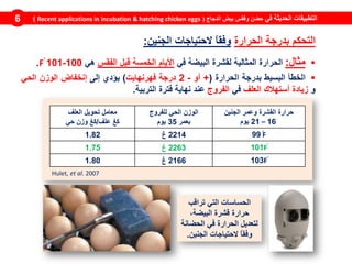 ‫العلف‬ ‫تحويل‬ ‫معامل‬
‫علف‬ ‫كغ‬/‫حي‬ ‫وزن‬ ‫كغ‬
‫الوزن‬‫للفروج‬ ‫الحي‬
‫بعمر‬35‫يوم‬
‫الجنين‬ ‫وعمر‬ ‫القشرة‬ ‫حرارة‬
16–21‫يوم‬
1.82 2214‫غ‬ Fْ99
1.75 2263‫غ‬ ْF101
1.80 2166‫غ‬ ْF103
Hulet, et al. 2007
‫في‬ ‫الحديثة‬ ‫التطبيقات‬‫الدجاج‬ ‫بيض‬ ‫وفقس‬ ‫حضن‬(Recent applications in incubation & hatching chicken eggs)6
‫مثال‬:‫الحرارة‬‫المثالية‬‫لقشرة‬‫البيضة‬‫في‬‫األيام‬‫الخمسة‬‫قبل‬‫الفقس‬‫هي‬100-101ْF.
‫الخطأ‬‫البسيط‬‫بدرجة‬‫الحرارة‬(+‫أو‬-2‫درجة‬‫فهرنهايت‬)‫يؤدي‬‫إلى‬‫إنخفاض‬‫الوزن‬‫الحي‬
‫و‬‫زيادة‬‫أستهالك‬‫العلف‬‫في‬‫الفروج‬‫عند‬‫نهاية‬‫فترة‬‫التربية‬.
‫تراقب‬ ‫التي‬ ‫الحساسات‬
،‫البيضة‬ ‫قشرة‬ ‫حرارة‬
‫الحضانة‬ ‫في‬ ‫الحرارة‬ ‫لتعديل‬
‫الجنين‬ ‫الحتياجات‬ ً‫ا‬‫وفق‬.
‫الحرارة‬ ‫بدرجة‬ ‫التحكم‬‫الجنين‬ ‫الحتياجات‬ ً‫ا‬‫وفق‬:
 