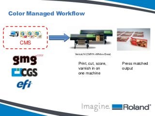 Color Managed Workflow

CMS
VersaUV (CMYK+White+Clear)

Print, cut, score,
varnish in on
one machine

Press matched
output

 